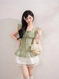 Daiiibabyyy  Vintage Japanese Square Collar Short Sleeve Solid Lace Patchwork Bow Women Blouse