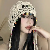 DAIIIBABYYY  -  Crochet Flower Hollow Tassels Knitted Hat Hollow Out Bohemian Style Knit Cap Thin Handmade Ethnic Style Hat Apparel Accessories