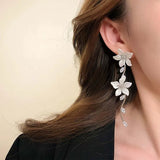 Daiiibabyyy  Fashion Crystal Flower Tassel Drop Earrings for Women Girls Exquisite Zircon Pink Petal Long Earrings Wedding Jewelry Gifts