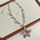 Daiiibabyyy  Y2K Pink Metal Starfish Flower Pendant Necklace for Women Men Luxury Imitation Pearl Beads Choker Clavicle Chain Trendy Jewelry