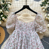 DAIIIBABYYY  -  French Style Super Fairy Fluffy Dress 2025 Summer Gentle Square Neck Bubble Sleeves Slimming Floral Mesh Vestidos