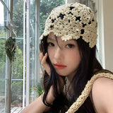 Daiiibabyyy  Ethnic Style Retro Hollow Out Knitted Cap for Women in Spring and Summer Thin Hat for Tourism Seaside Vacation Decorative Hat