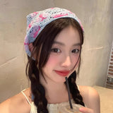 Daiiibabyyy  Women's Triangular Headscarf French Country-style Lace Summer Silk Scarf Sweet Girls Funny Fashion Pink Color Simple Hair Band
