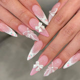 Daiiibabyyy  24pcs Pink Long Pointed Fake Nail Tips 3D Transparent Bowknots Rhinestone Decor Press On Nails Sweet French Style False Nail