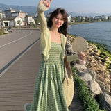 DAIIIBABYYY  -  Sweet Girl Off-shoulder Sleeveless Slim Waist Plaid Camisole Dress + Solid Color V-neck Thin Knitted Smock Cardigan 2-piece Set