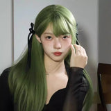 DAIIIBABYYY  -  Star Program Long Hair Wig For Women Brown/green Air Bangs Natural Simulation Black Straight Hair Full Head Cover Style