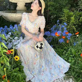 Daiiibabyyy  Summer new long dress waist flower new film dress summer short sleeve French lace heavy industry lining