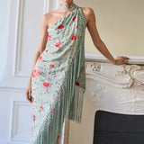 Daiiibabyyy  Lady Sexy Sleeveless Hight Waist Bohe Dress Fashion Tassel Decorative Long Dress Elegant Print Scarf Collar Backless Party Dress