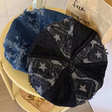 DAIIIBABYYY  -  Y2k Rough Edge Star Design Denim Berets Caps Showing Face Small Spring and Autumn Ins New Korean Niche Retro Women's Hats