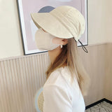 Daiiibabyyy Women Summer Sunhat Cotton Ponytail Bucket Hat Outdoor Beach Adjustable Sun Visor Hats Solid Color Foldable  Fisherman Cap
