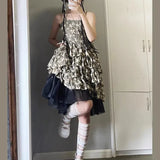 DAIIIBABYYY  -  Irregular Summer Women's Lolita New Patchwork Printing Ruffles Floral Lace Fashion Slim Sleeveless All-match Slip Dress