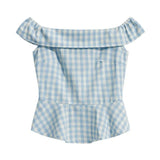 DAIIIBABYYY  -  Blue Women's Shirts Slash Neck Off Shoulder Plaid Hot Girls Camisole Slim Fit Casual Sexy Short Blouses Trendy Female Crop Tops