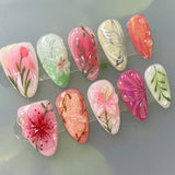 Daiiibabyyy  24Pcs Mid-length Almond Fake Nails Press on With Flower Design False Nail Swan Strawberry Pattern Reusable Full Cover Nails Tips