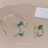 Daiiibabyyy  New Chinese Style Vintage Green Butterfly Tassel Earrings Fashion Design Temperament Female Earrings Ring Bracelet Jewelry Set