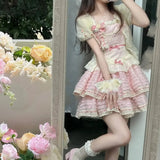 Daiiibabyyy Japan Lolita Cake Princess Dress Pink Sweet Girl Small French Heavy Work Puffy Dress Cosplay Costumes Women Mini strap Dress