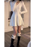 DAIIIBABYYY  -  White V-neck Knitted Dress For Women Spring Autumn Slim Fit Sweater Vestidos High Waist Hundred Fold Spicy Girl Short Dresses