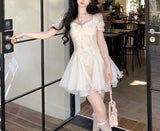 Daiiibabyyy  Summer French Style Square Collar Mini Dress Fashion Gauze Lace Spliced Female Clothing Elegant Puff Sleeve Ball Gown Dresses
