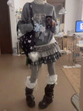 Daiiibabyyy  New American Style Girl Vintage Gray Tone Retro Polka Dot Striped Star Patchwork Bead Cake Skirt Women
