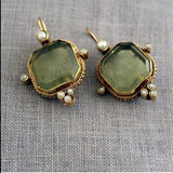 Daiiibabyyy  Retro Creative Golden Edging Geometry Hexagonal Green Crystal Imitation Pearl Dangle Earrings for Women Fashion Charm Jewelry