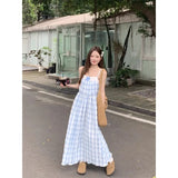 DAIIIBABYYY  -  Two Piece Dress Hollow Out Solid Tassels Fold Through Off Shoulder Dresses Plaid Pleated A-line Blue Skirts Summer Female Outfit