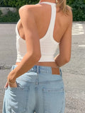 Daiiibabyyy  Y2k Streetwear Halter Backless V Neck Sleeveless Solid Slim All Match Knitted Tanks