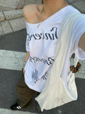DAIIIBABYYY  -  White Off Shoulder Print T Shirt Women Clothes Short Sleeve Korean Fashion Streetwear Loose Cotton Summer Tops Y2k Tees