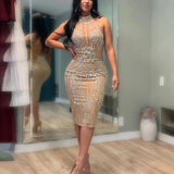 DAIIIBABYYY  -  Sexy Dresses for Woman Halter Backless Diamond Sheath Package Hips Mid Calf Elegant Evening Night Club Vestidos Mujer