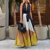 Daiiibabyyy  Summer Casual Pleated Holiday Dresses Printed Patchwork Backless Hollow Out Women's Dress Bohemian High Street Halter Long Dress