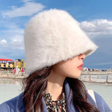 DAIIIBABYYYY  -  Retro Fashion Women Bucket Hat Imitation Rabbit Fur Cap Solid Color Plush Fisherman Hat Temperament Warm Winter Basin Hat