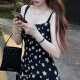 Daiiibabyyy  Black Korean Broken Flowers Slip Dresses Summer Vacation Style Female Clothing Printed Waist A-Line Elegant Vintage Mini Dress