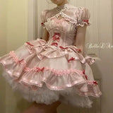 DAIIIBABYYY  -  Japan Lace Ruffle Bowknot Organza Pink Puffy Bubble Sleeves Lovely Lolita Princess Dress Cross Dresser Sissy Maid Role Play