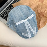DAIIIBABYYY  -  Personalized Lace Bow Design Washed Denim Forward Hats Women Spring Summer Travel Fashion Versatile Sun Protection Retro Berets