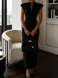 Daiiibabyyy  Sexy Deep V-neck Commute Bodycon Dress Women Fashion Cap Sleeve Cocktail Long Dress Casual Hight Waist Solid Slim Party Dresses