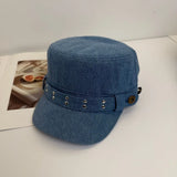 Daiiibabyyy  Fashion Cloth Rivet Denim Beret Y2k Korean Style Rivet Flat Top Washed Denim Fashion Retro Painter Hat Outdoor