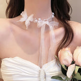 Daiiibabyyy  Romantic Butterfly Pearl Tie Bow Necklace Women Luxury Silk Ribbon Sweet Chokers Collarbone Chain Temperament Jewelry Gift Party