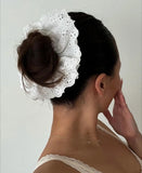 Daiiibabyyy  Elegant White Lace Scrunchie Double Layer Large Hair Tie Hairband for Bun Soft Elastic Hair Rope French Style Hair Accessory
