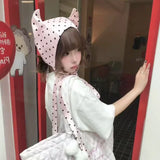 Daiiibabyyy  Korean Version Pink Polka Dot Satin Little Devil Corner Strap Pullover Hat Women Spring and Summer Sweet Niche Cute Headband