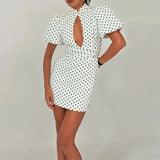 Daiiibabyyy  Fashion Polk Dot Print Chic Short Dress Women's Elegant Stand Collar Slim Summer Dress Casual Bubble Sleeve Wrap Hip Dress