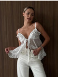 Daiiibabyyy  Women Sexy Stain Ruffled Strap Top Lady Chic Lace Up See Though Thin Short Shirt New Summer Vacation Daily Street Blouse