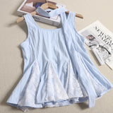 DAIIIBABYYY  -  French Style Neck Hanging Lace Patchwork Sleeveless Top Summer Outerwear Cinched Waist Sweet Youthful Doll Shirt Women