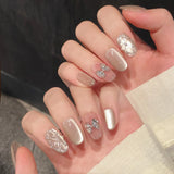 Daiiibabyyy  10pcs Handmade Silver Press On Nails Rhomboid Plaid Cat's Eye Simple False Nails Flash Bowknots Decor Short Fake Nail For Women