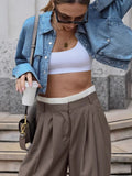 Daiiibabyyy Brown Low Waist Trousers Fashion Design Sense Of Contrast Color Loose Pull Length Pants Niche All-Match Streetwear Autumn
