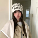 Daiiibabyyy  Niche Printing Letter Pullover Knitted Hat Autumn and Winter Men and Women Trend Street Versatile Personality Skull Beanie Caps