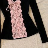 Daiiibabyyy  Y2K American Retro Millennial Flirty Vintage Long Sleeve T-Shirt Lace Fit Flare Slimming Pink Lace Women Top Fall