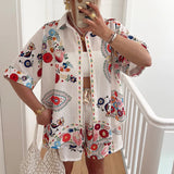 Daiiibabyyy  Cotton Linen Casual Summer Outfit Fashion Lapel Button Shirt & Short Pant Suit Women Fashion Pattern Print Half Sleeve Loose Set