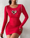 DAIIIBABYYY  -  Dresses for Women New Diamond Pearl Hollow Heart Beaded Ribbed Bodycon Dress Knitted Puff Long Sleeve O-Neck Dress