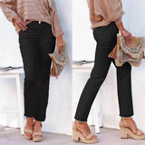 Daiiibabyyy  Women's Cotton Washed Jeans Straight Leg Mid Waist Frayed Hem Denim Pants Slim Fit Raw Hem Solid Color Casual Full Length