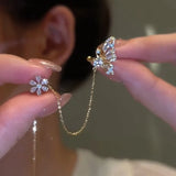 DAIIIBABYYY  -  New Arrival Shiny Crystal Butterfly Ear Cuff Clip Earrings For Women Fashion Tassel Chain Flower Stud Earrings Wedding Jewelry