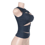 DAIIIBABYYY  -  Pure Sexy Hollow Out Imitation Denim Vest Top Women's Summer O-neck Slim Fit Tank Fashion Female Clothes