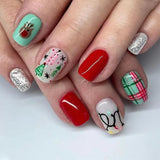 DAIIIBABYYY  -  24pcs Short Red Fake Nails Christmas Snowflake Shiny Sliver Powder False Nail Tips Short Ballet French Press on Nails for Girls